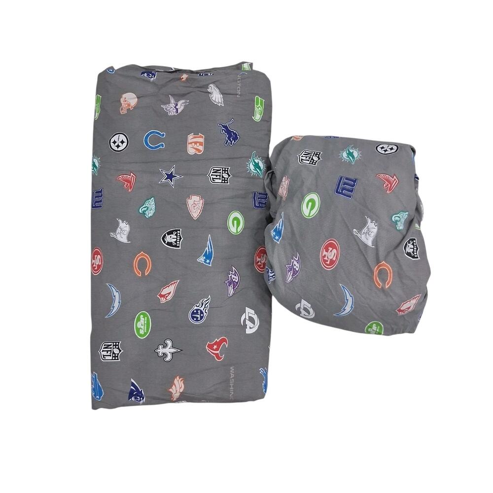 Pottery Barn Teen Gray NFL Football Team Logos Queen Size Fitted Flat Sheet Set